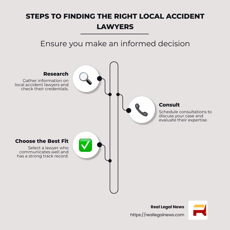 Steps to Finding the Right Local Accident Lawyers: Research, Consult, Choose the Best Fit - local accident lawyers infographic infographic-line-3-steps-neat_beige